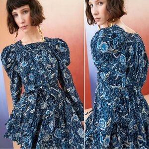 NWT Ulla Johnson Nailah Paisley Printed Puff Sleeve Blue Belted Mini Dress Sz 10